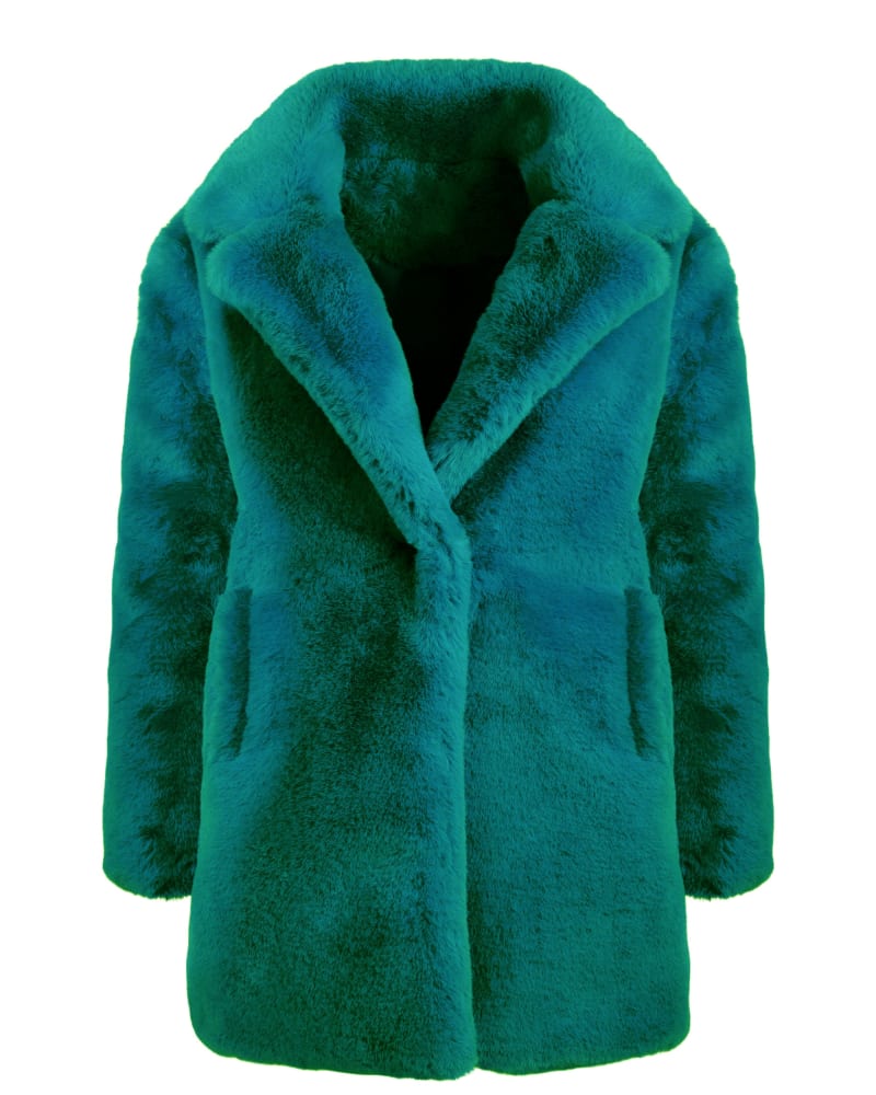 Front of a size 2X Green Faux Fur Teddy Coat in Green by Hilary MacMillan. | dia_product_style_image_id:316502